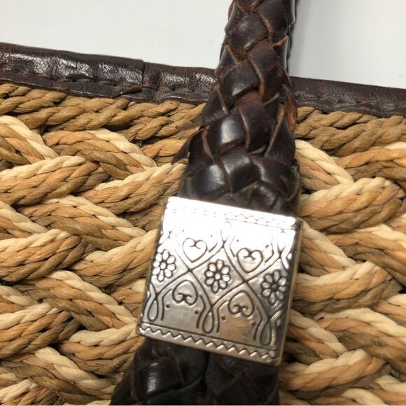 Brighton Straw Double Handle Bag Leather Woven Handles Silver Hardware - Picture 7 of 13
